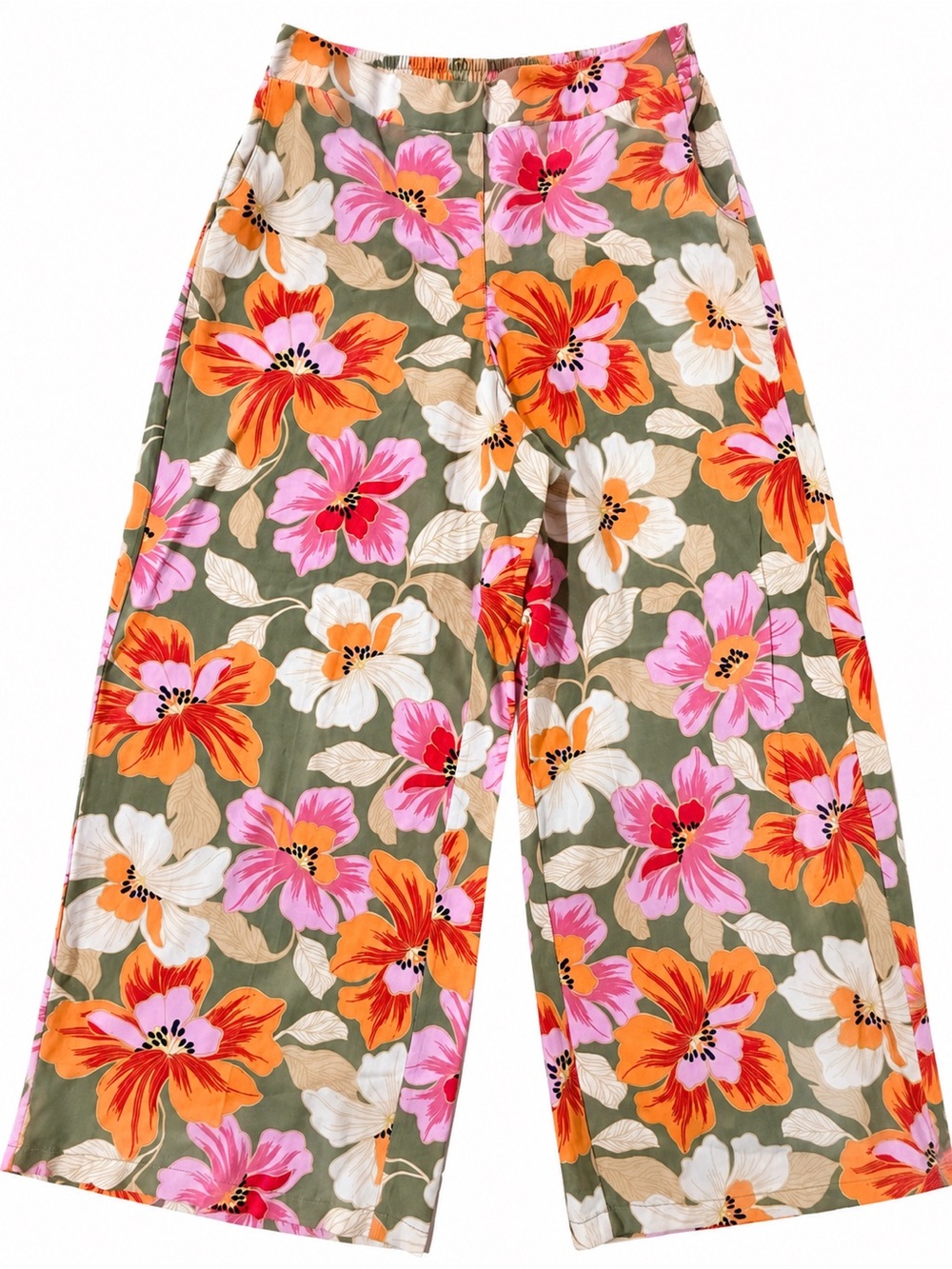 Lane Bryant Olive Wide-Leg Pants with Pink & Orange Floral Print
